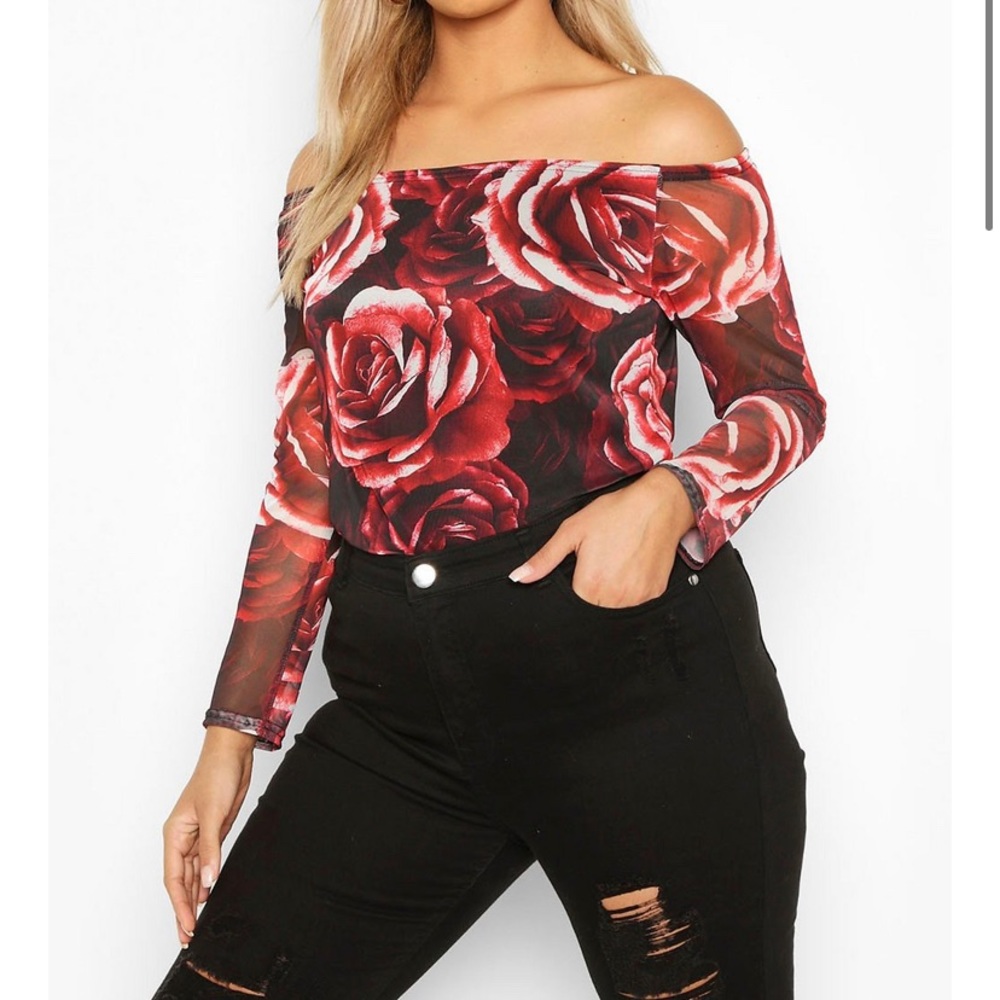 Plus Dark Floral Mesh Off The Shoulder Top